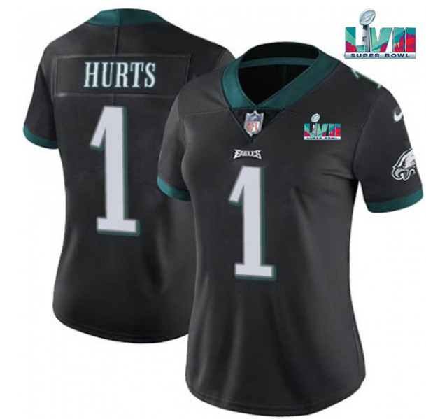 Women's Philadelphia Eagles #1 Jalen Hurts Black Super Bolw LVII Patch Vapor Untouchable Limited Stitched Football Jersey(Run Small)